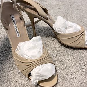 Manolo Blahnik. Size: 9/9.5 (say size 40, but tight). Nude strappy heels.